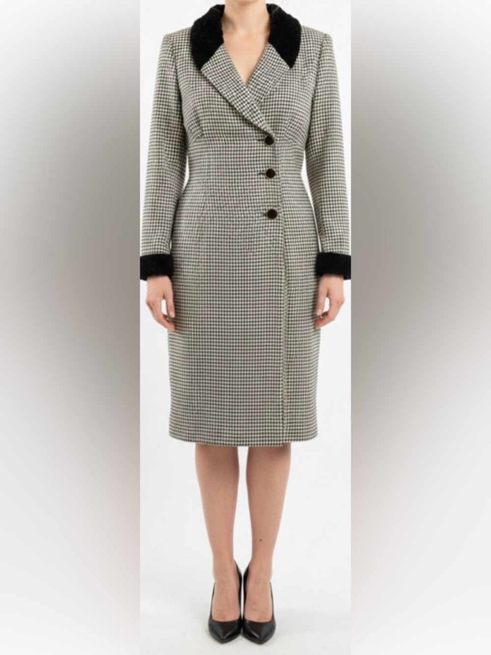 VTG Jeffrey & Dara Wrap Trench Coat Dress Long Sleeve Gingham Faux Fur Trim 8P